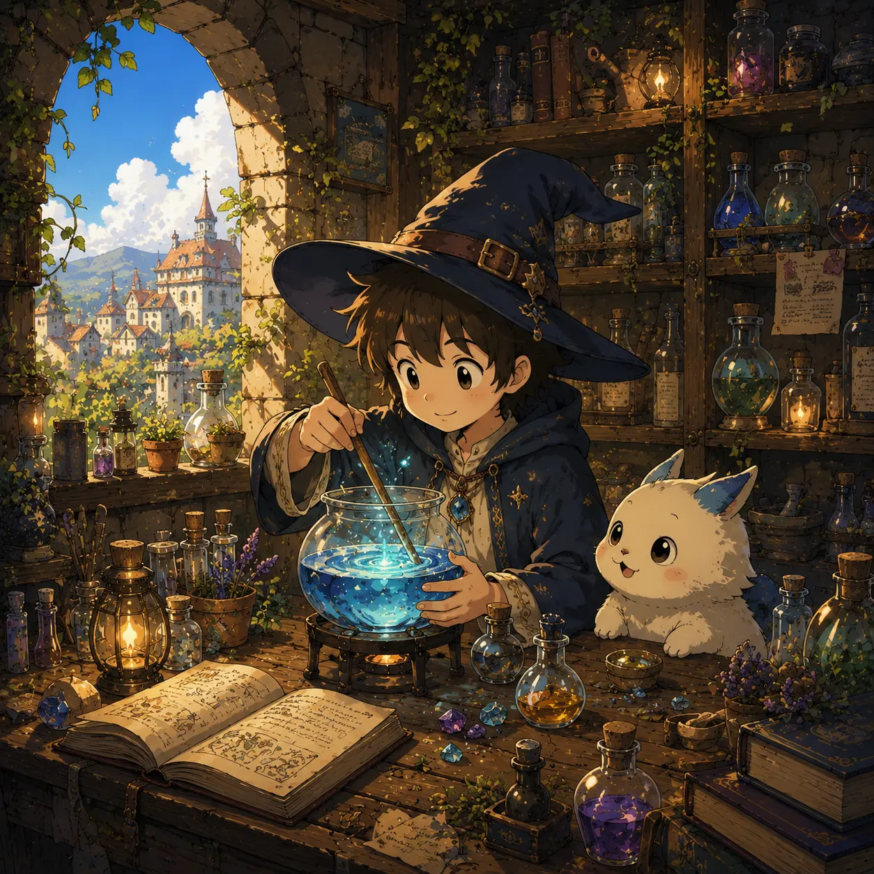 Young witch studies beside a tiny cat.