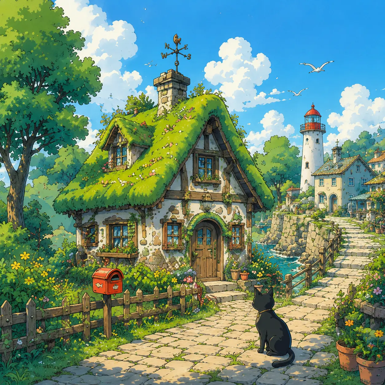 Mossy cottage glows beside the road.